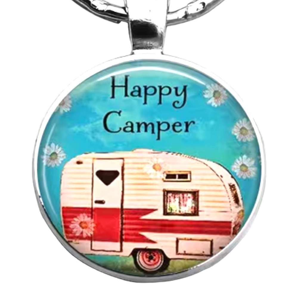 Happy Camper Keyring Fob Round Pendant Keepsake Gift Charm and Black Gift Pouch - Picture 6 of 16